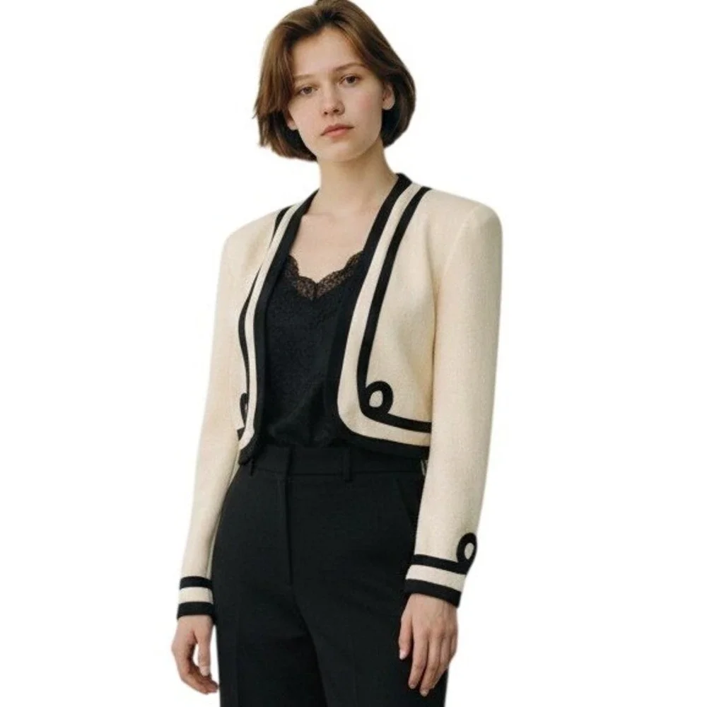 St John Bolero Jacket Womens 4 Cream‎ Black Vintage Santana Knit Cropped Shrug